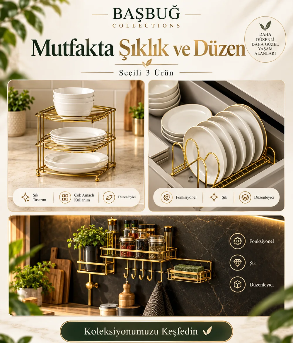 Mutfakta şıklık ve düzen: gold tabaklık rafı, gold tabak standı ve gold duvar rafı